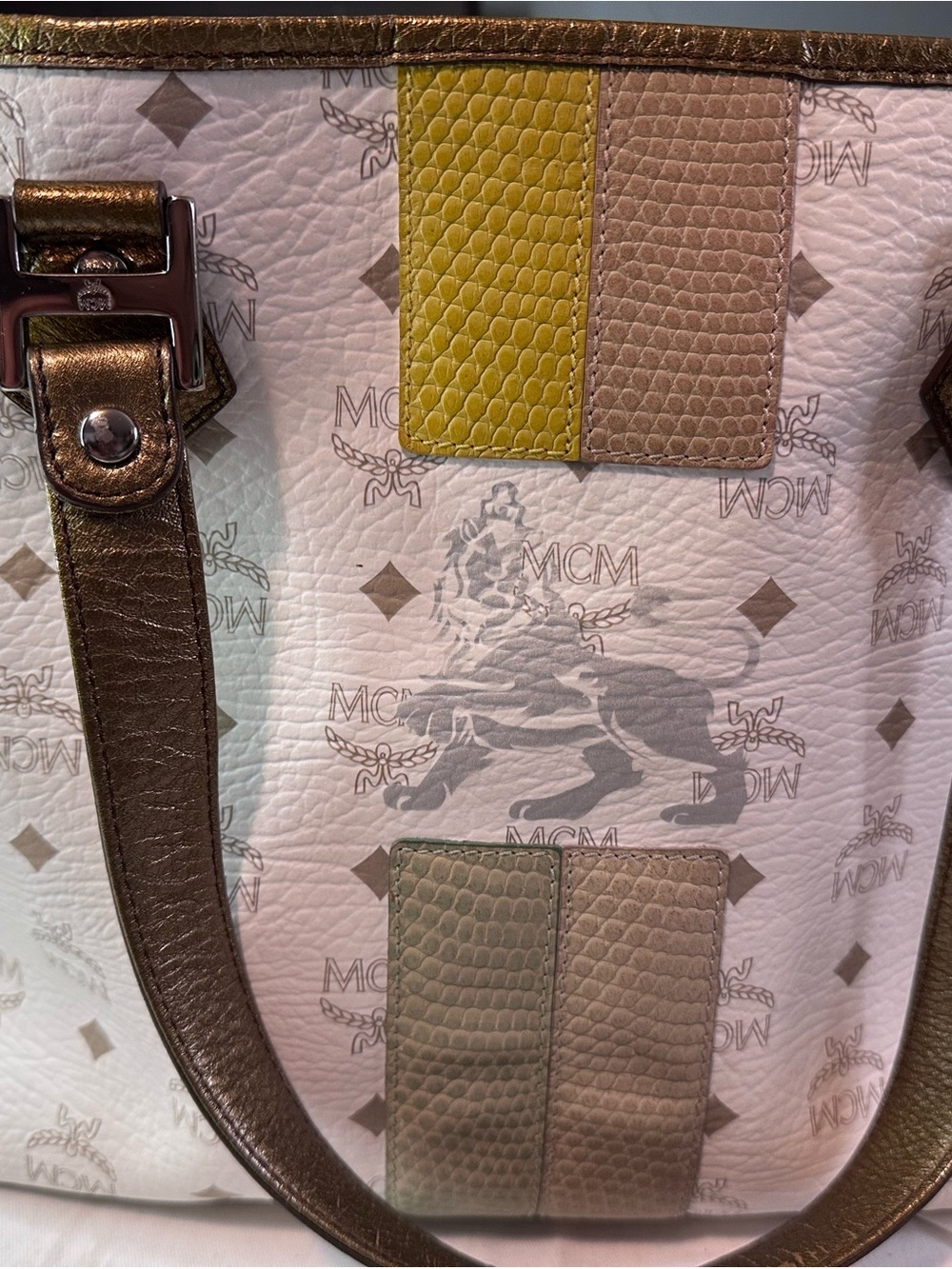 MCM White Visetos Tote with Gold Trim and Multicolor Stripe - Picture 5 of 15